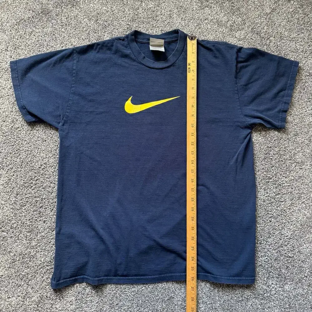 Vintage Nike Center Swoosh T Shirt Mens Large Navy Blue Yellow Logo USA Fabric